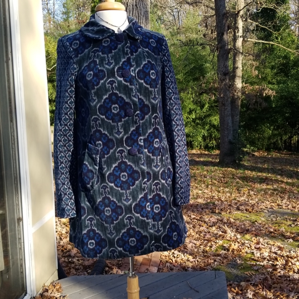 Anthropologie Elevenses Blue Velvet Coat